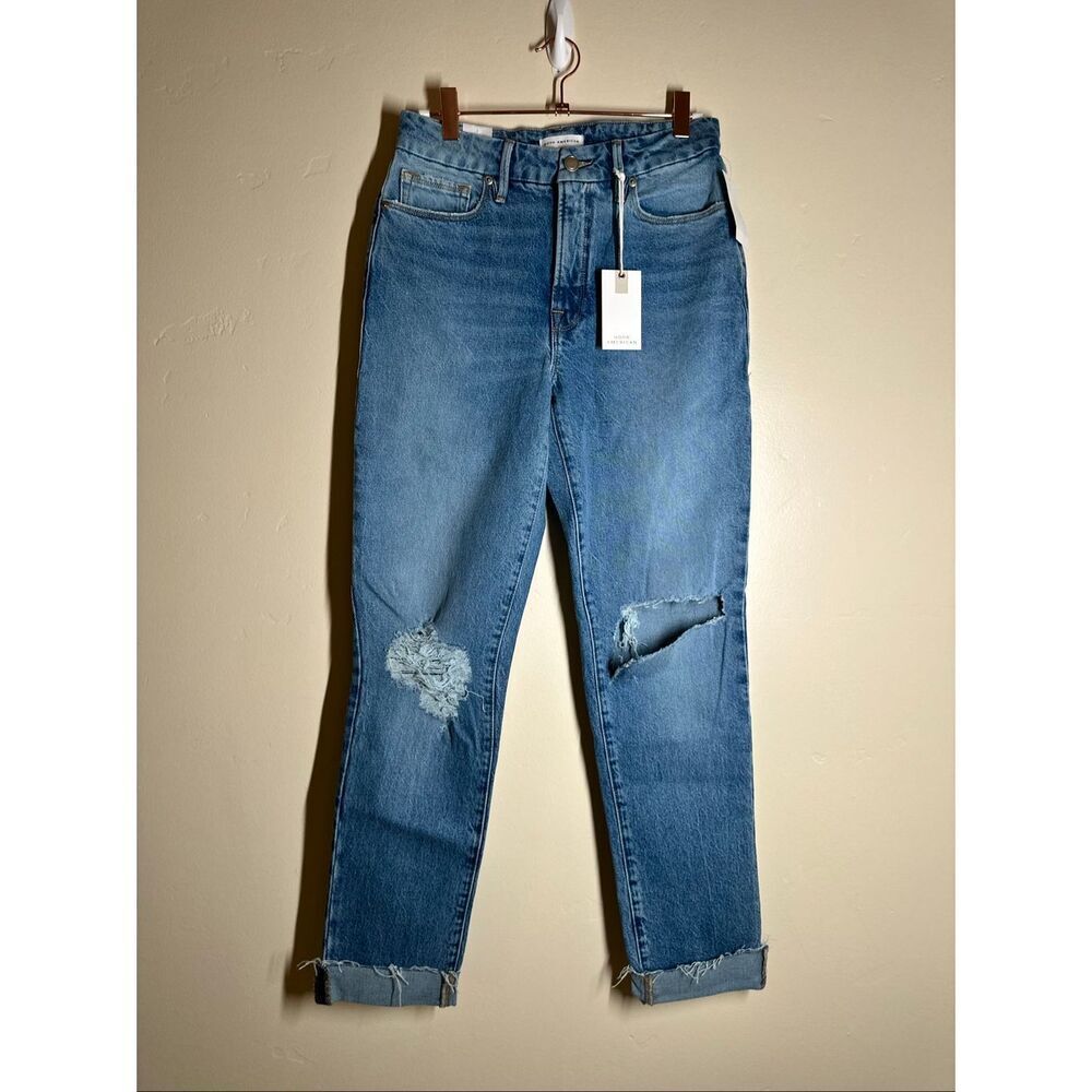 Good American Good Girlfriend Distressed Light Wash Jeans Size 00 or 24 New